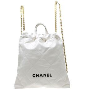 Chanel 22 Chain Quilted Calfskin White Leather Backpack Bag